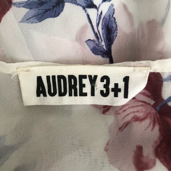 Audrey 3+1 pink blue floral print on white ivory open kimono short sleeve top - Picture 4 of 5